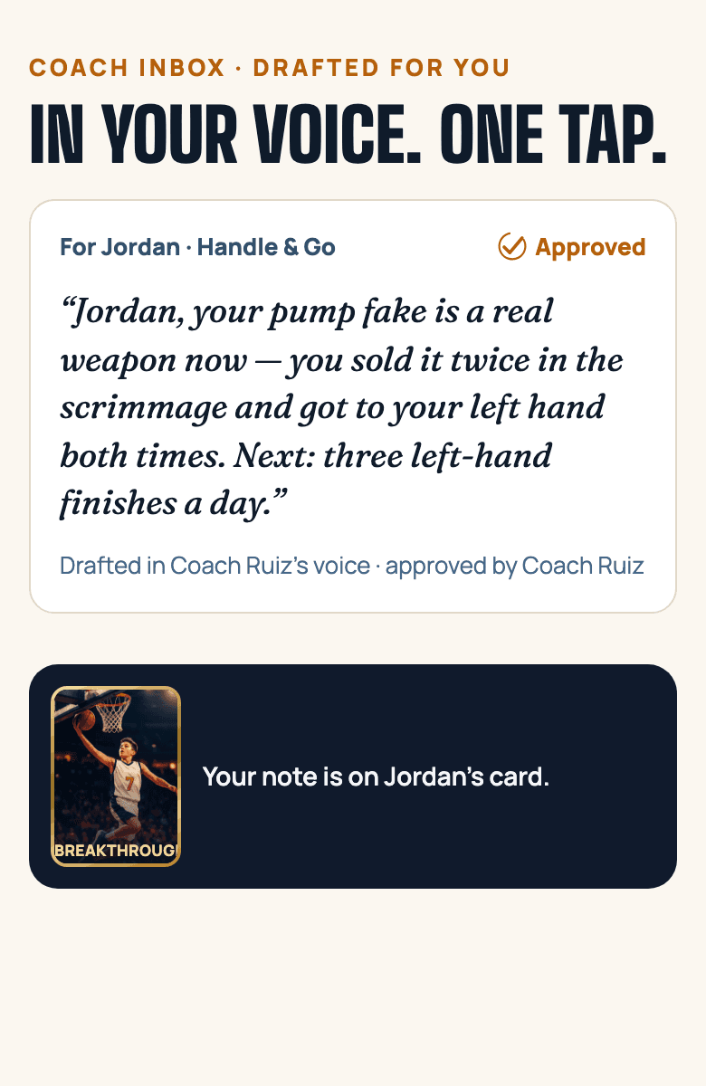 The coach’s note to Jordan, written in the coach’s voice with a next step, marked approved.